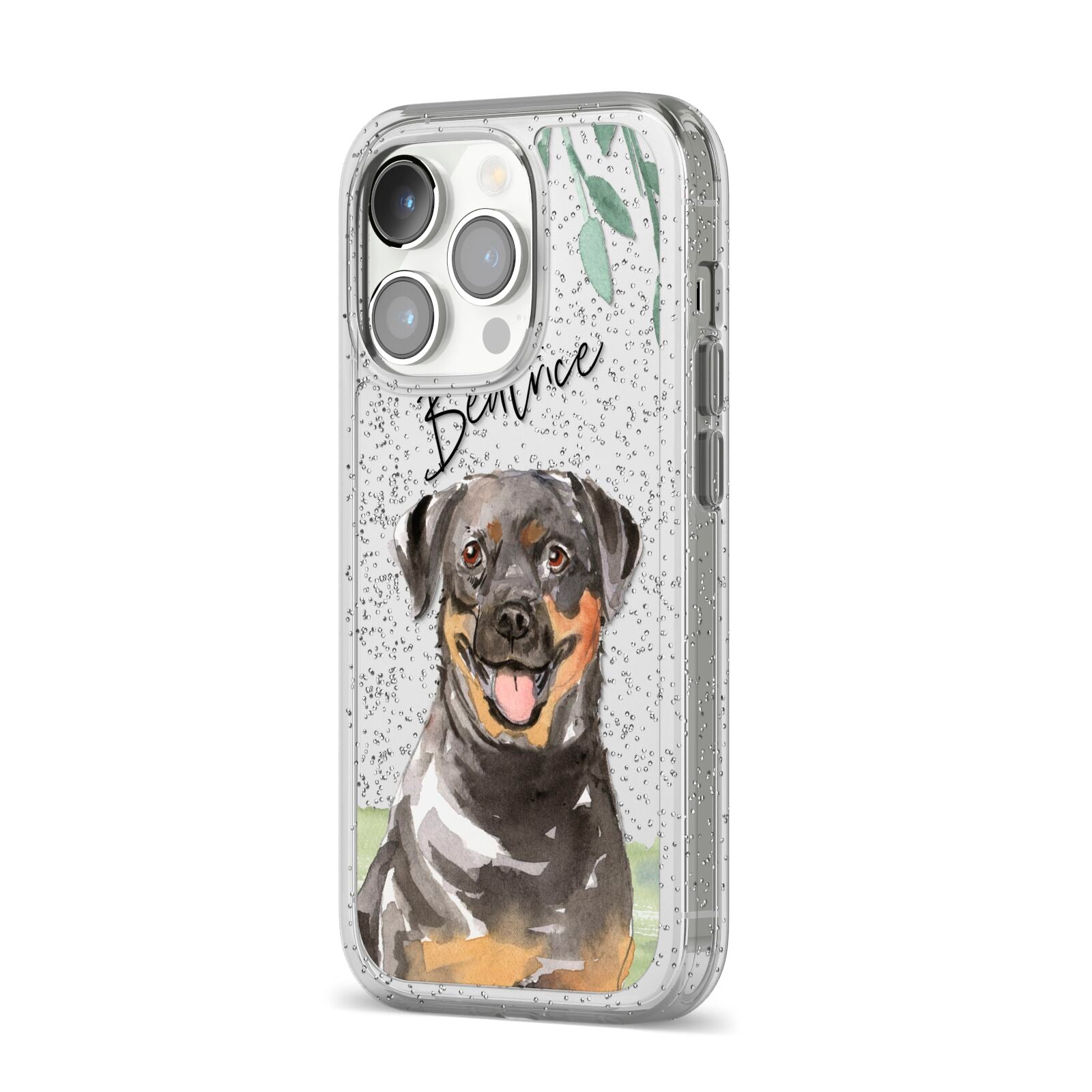 Personalised Rottweiler iPhone 14 Pro Glitter Tough Case Silver Angled Image