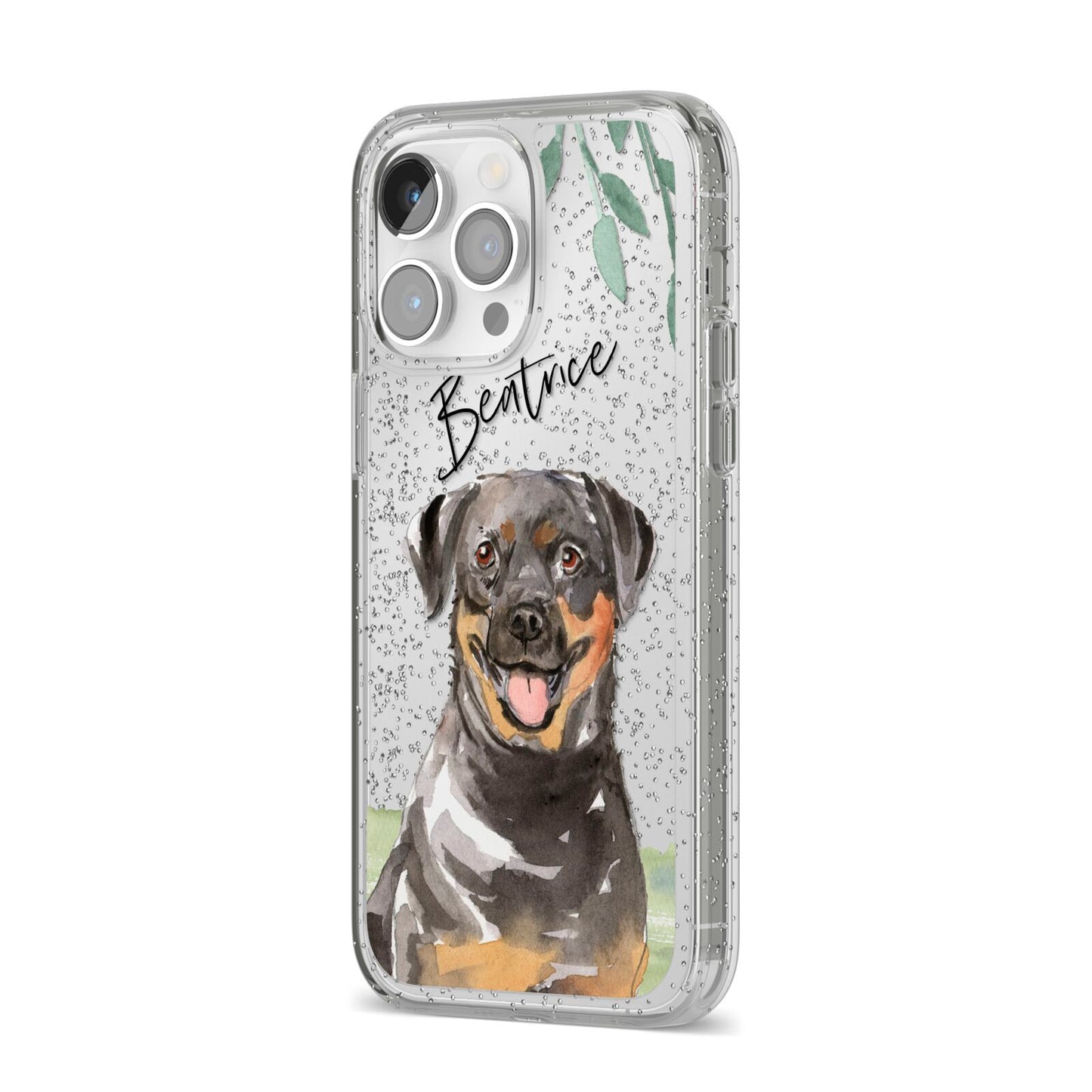 Personalised Rottweiler iPhone 14 Pro Max Glitter Tough Case Silver Angled Image