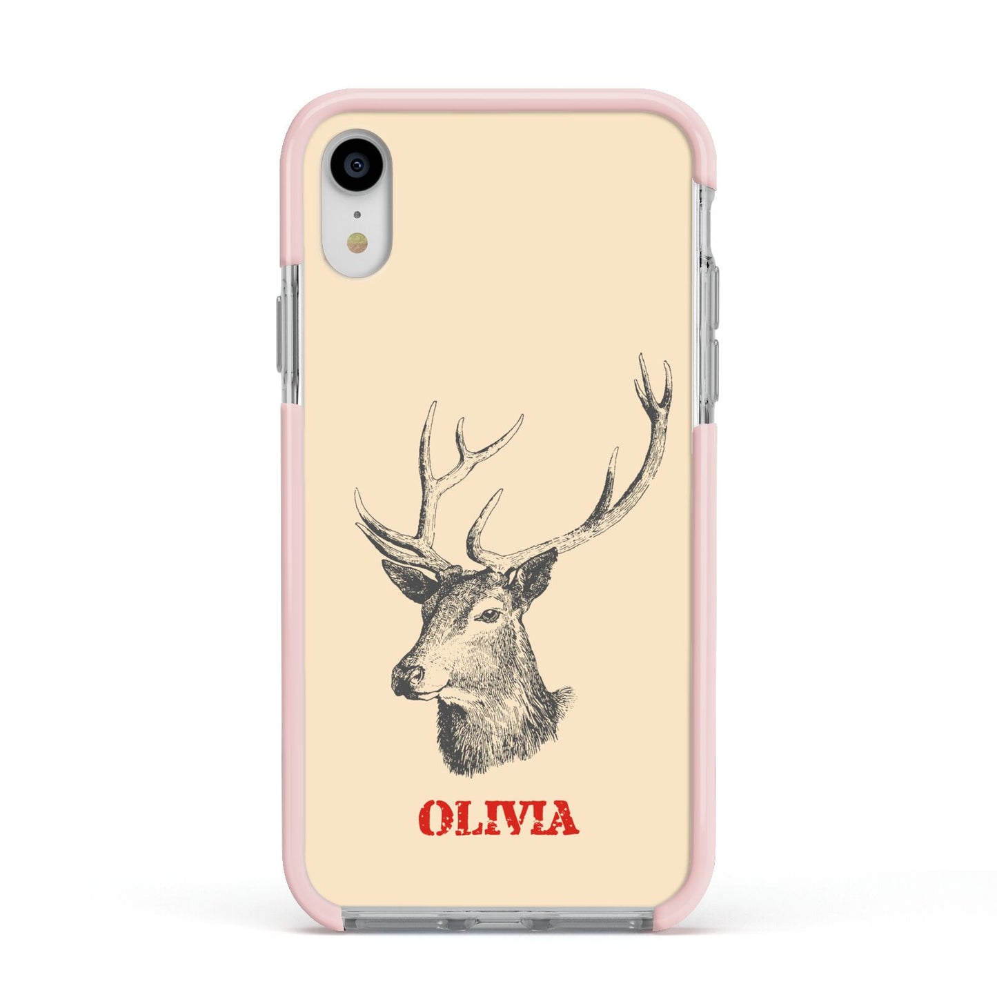 Personalised Rudolph Apple iPhone XR Impact Case Pink Edge on Silver Phone