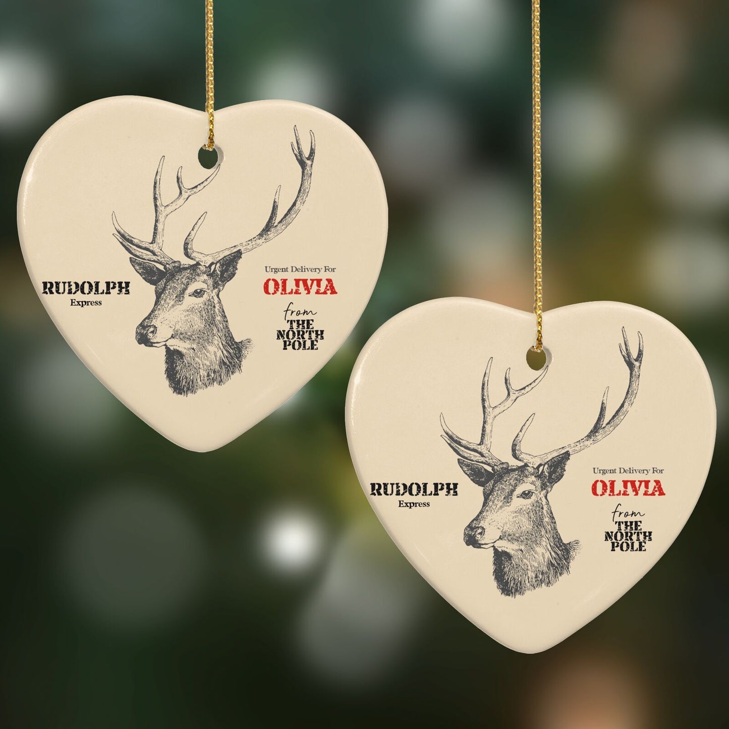 Personalised Rudolph Heart Decoration on Christmas Background