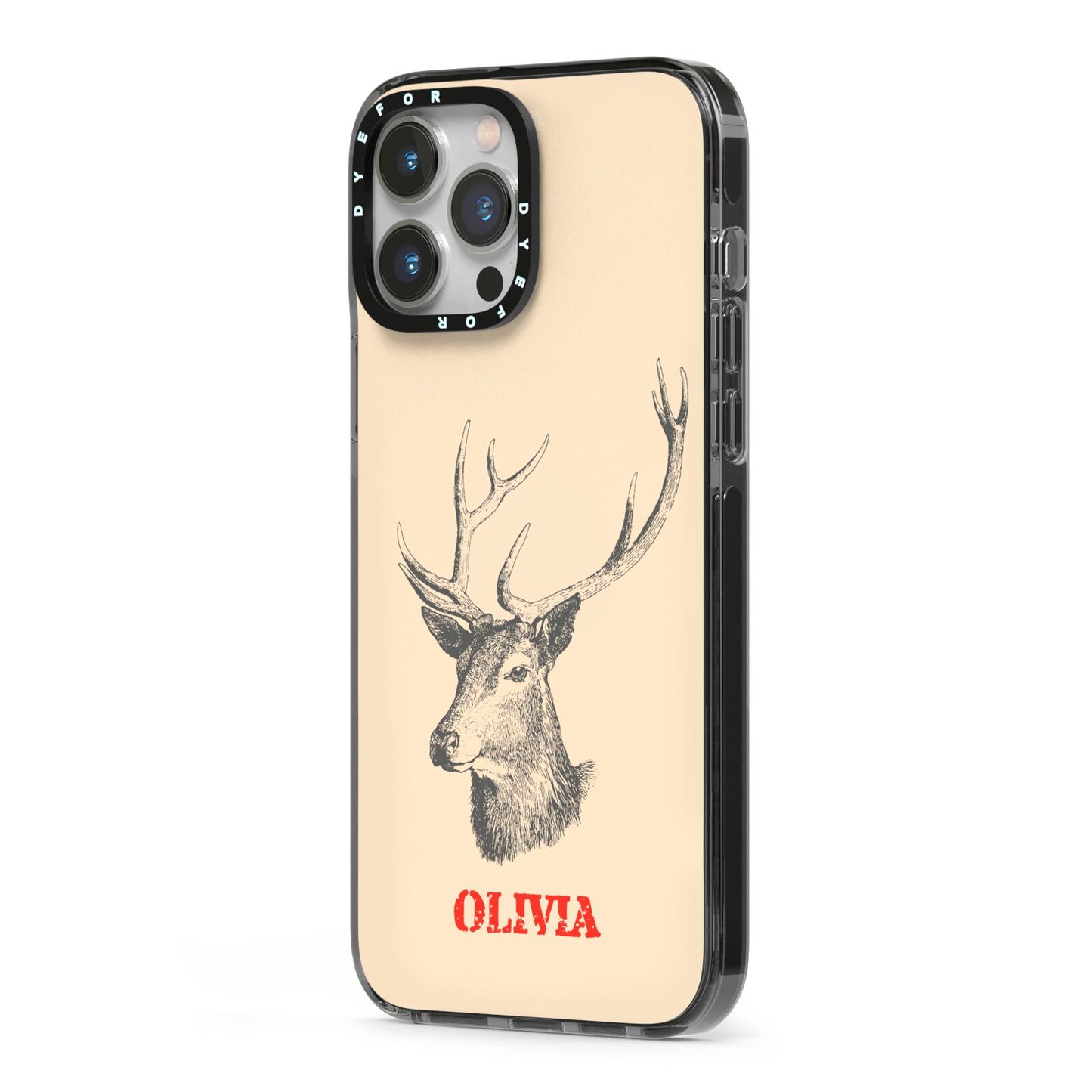 Personalised Rudolph iPhone 13 Pro Max Black Impact Case Side Angle on Silver phone