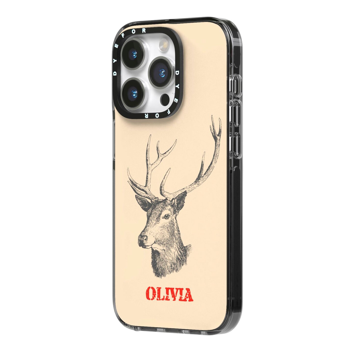 Personalised Rudolph iPhone 14 Pro Black Impact Case Side Angle on Silver phone