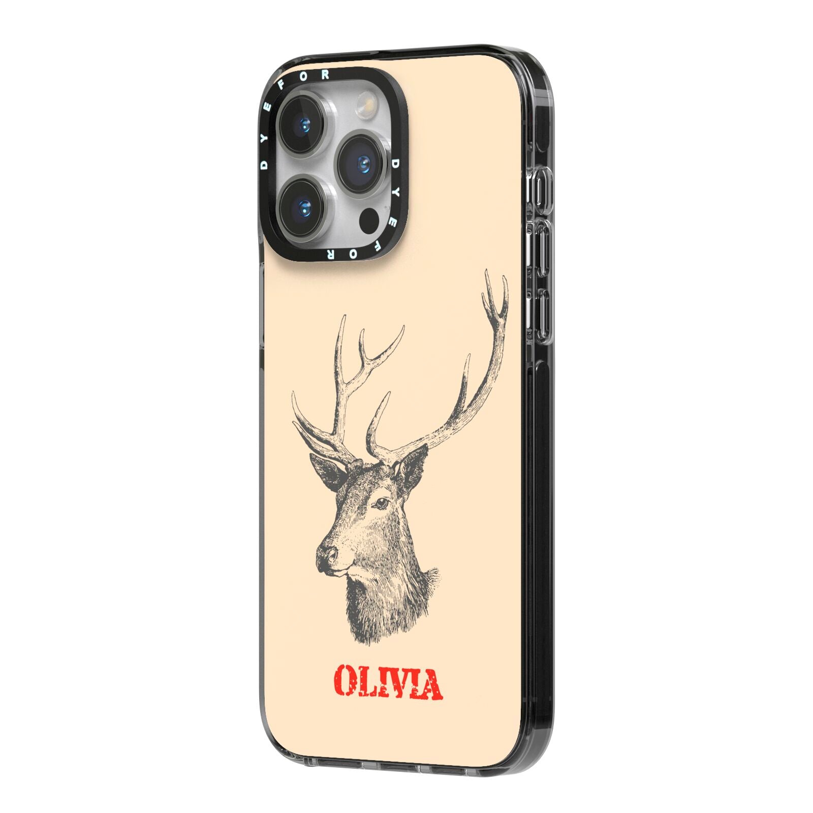 Personalised Rudolph iPhone 14 Pro Max Black Impact Case Side Angle on Silver phone