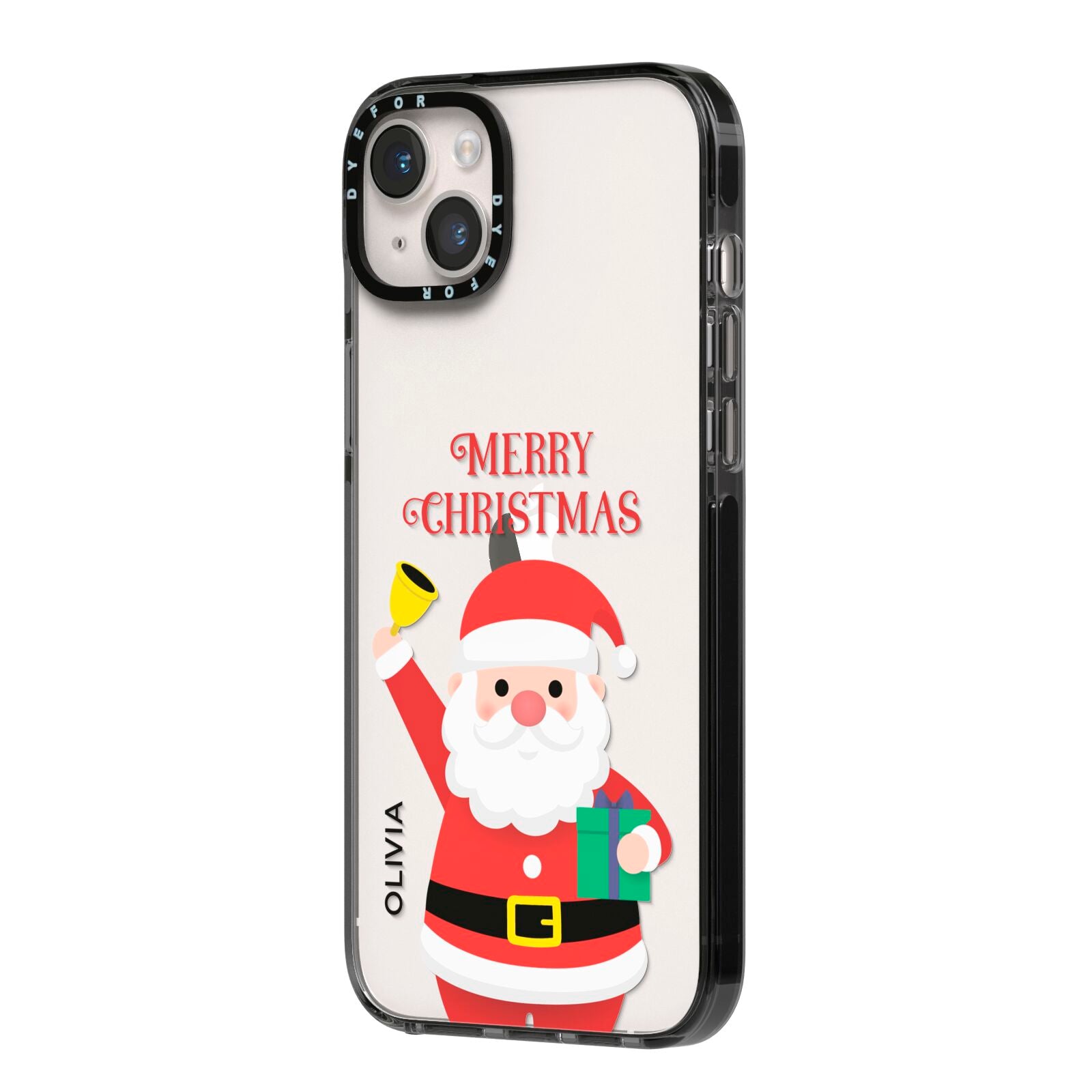 Personalised Santa iPhone 14 Plus Black Impact Case Side Angle on Silver phone