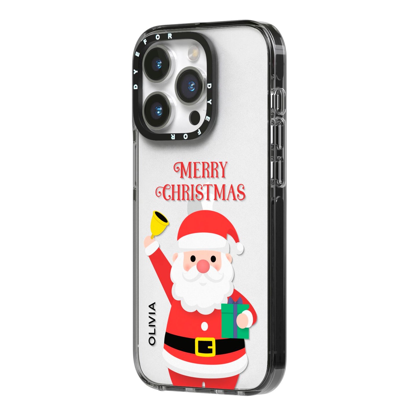 Personalised Santa iPhone 14 Pro Black Impact Case Side Angle on Silver phone