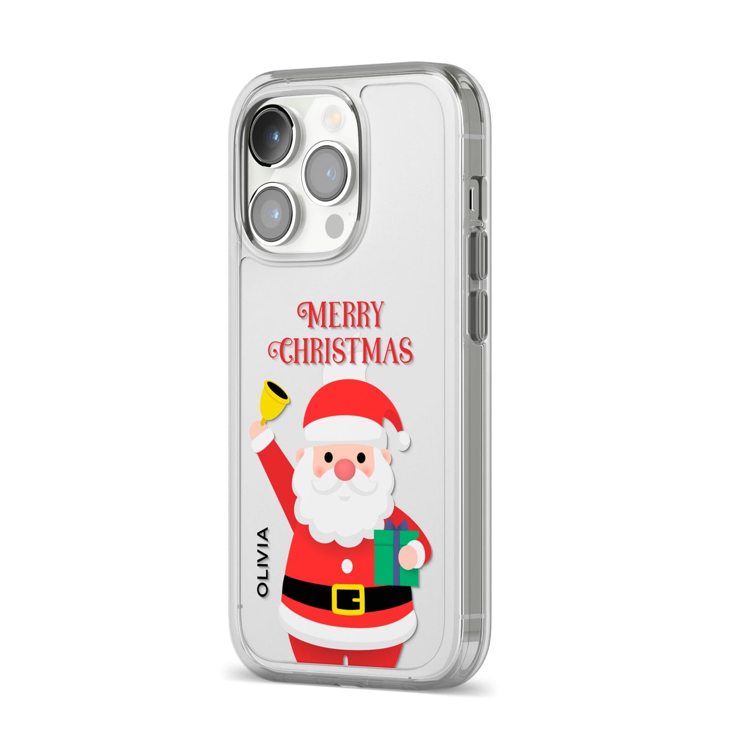 Personalised Santa iPhone 14 Pro Clear Tough Case Silver Angled Image