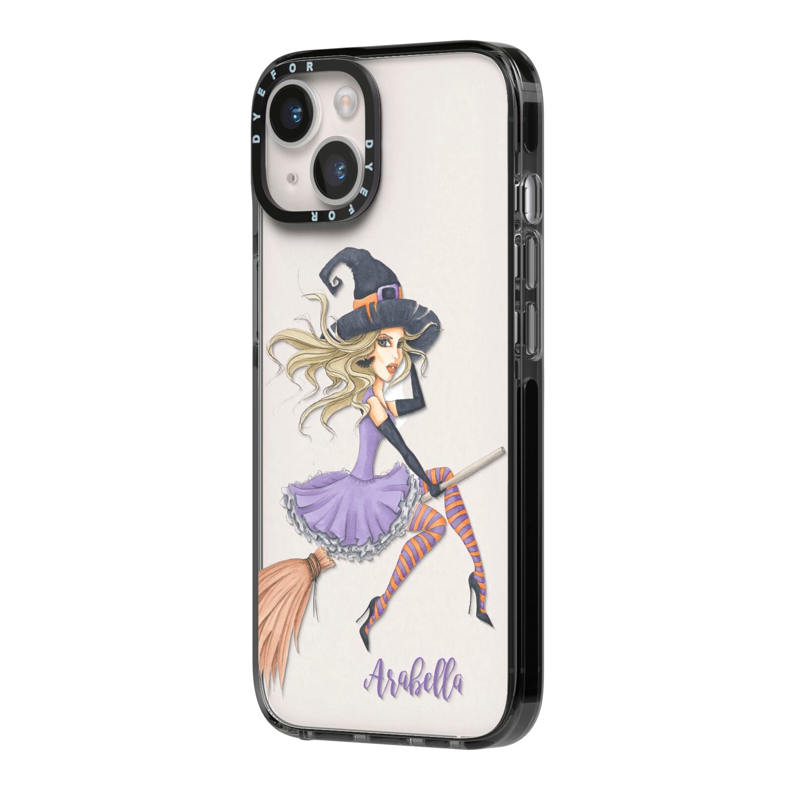 Personalised Sassy Witch iPhone 14 Black Impact Case Side Angle on Silver phone