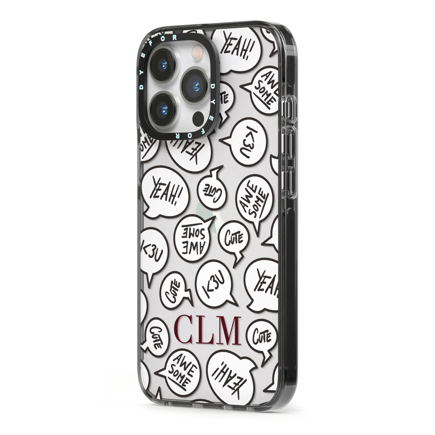 Personalised Sayings With Initials iPhone 13 Pro Black Impact Case Side Angle on Silver phone