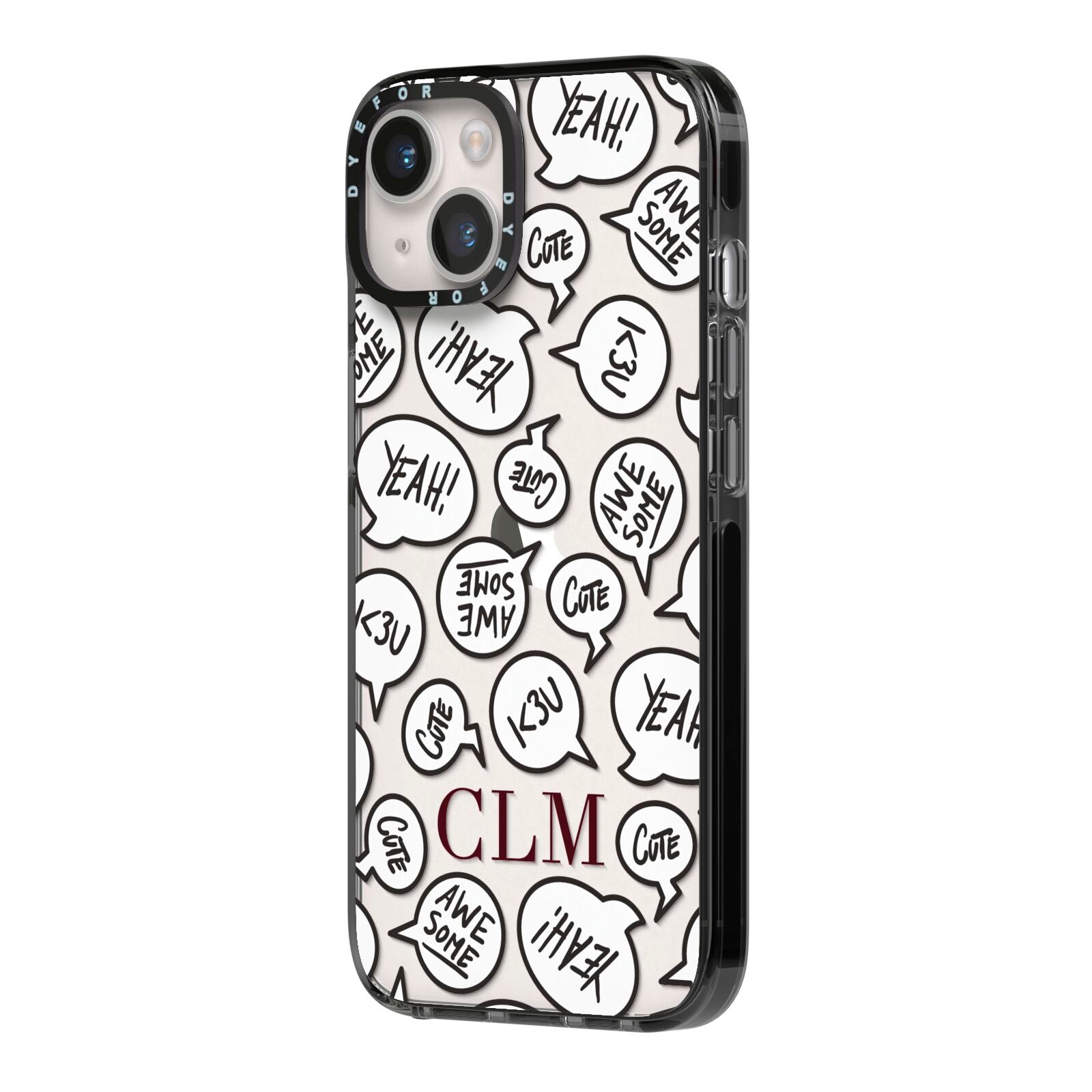 Personalised Sayings With Initials iPhone 14 Black Impact Case Side Angle on Silver phone