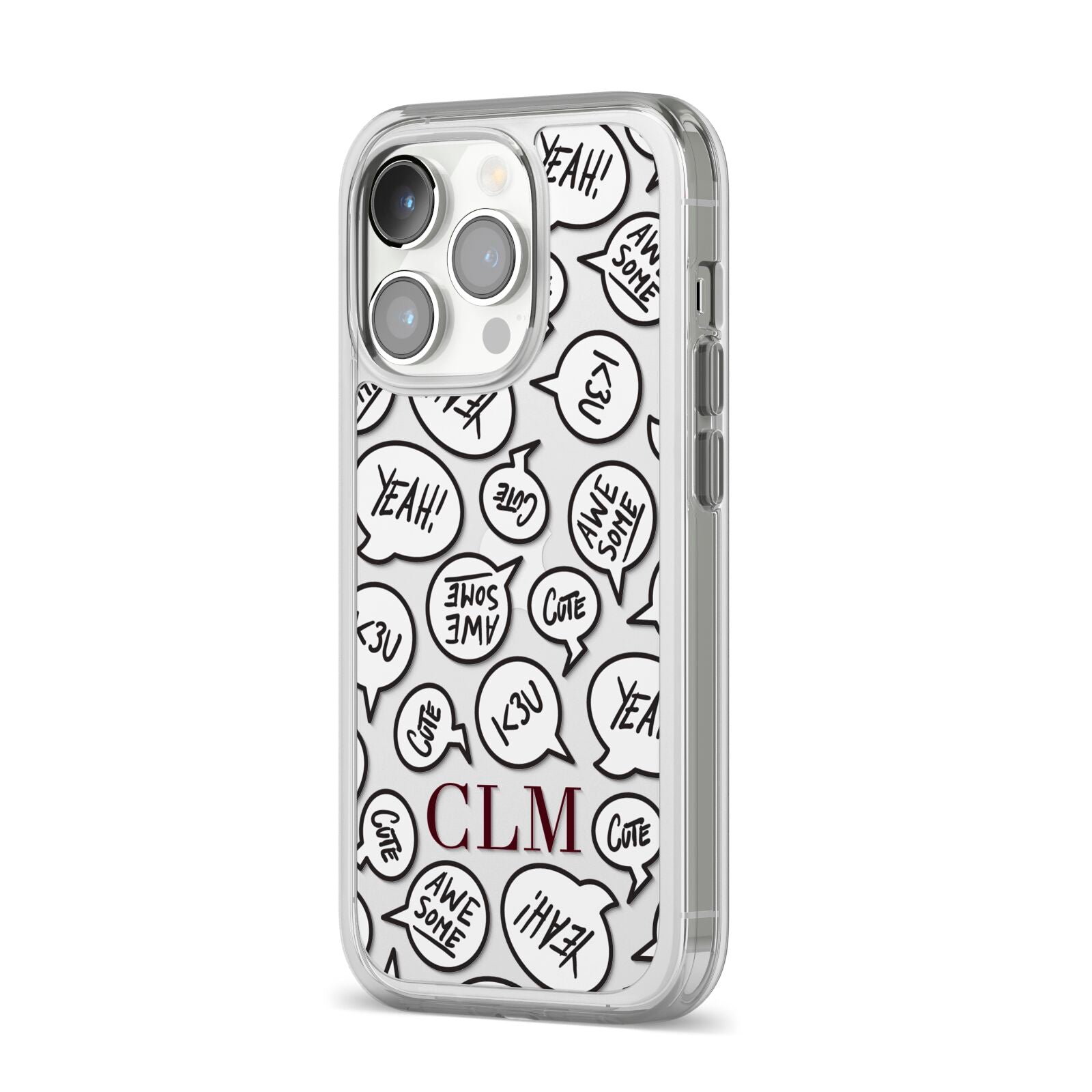 Personalised Sayings With Initials iPhone 14 Pro Clear Tough Case Silver Angled Image