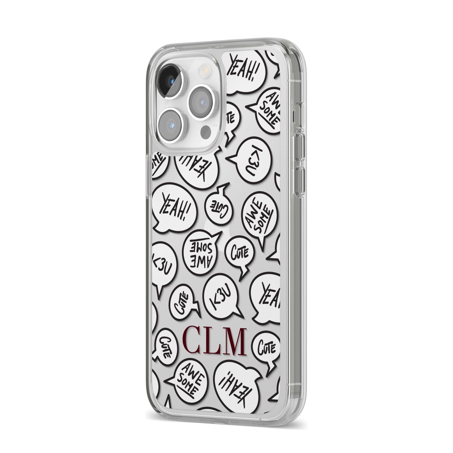 Personalised Sayings With Initials iPhone 14 Pro Max Clear Tough Case Silver Angled Image