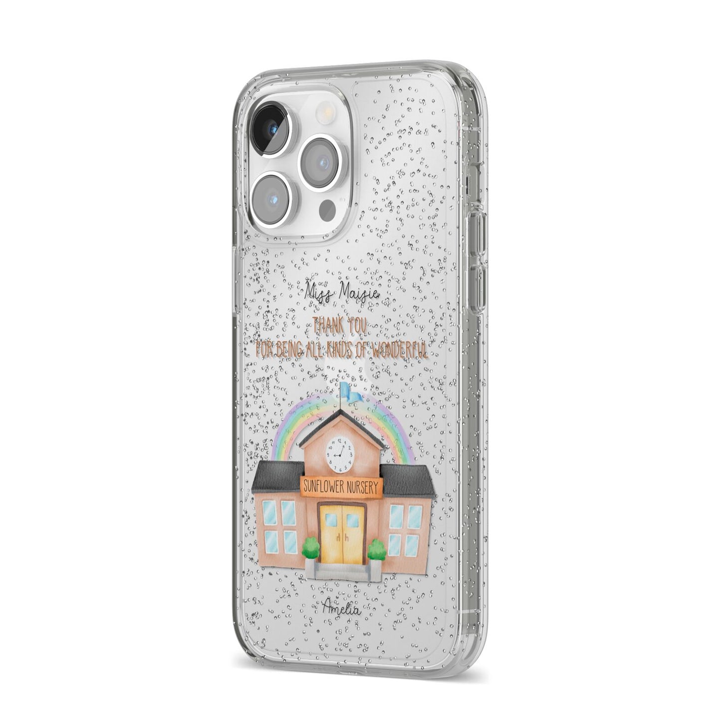 Personalised School iPhone 14 Pro Max Glitter Tough Case Silver Angled Image