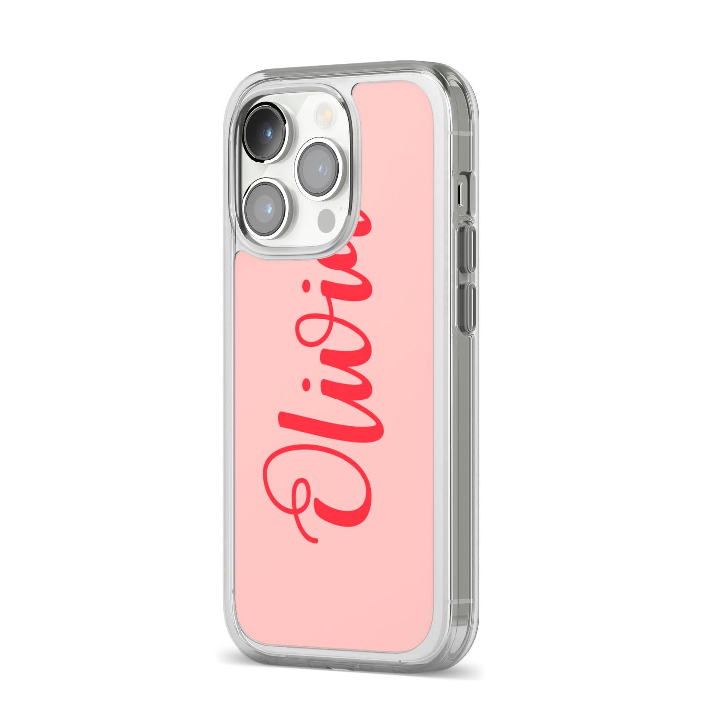 Personalised Script Name iPhone 14 Pro Clear Tough Case Silver Angled Image