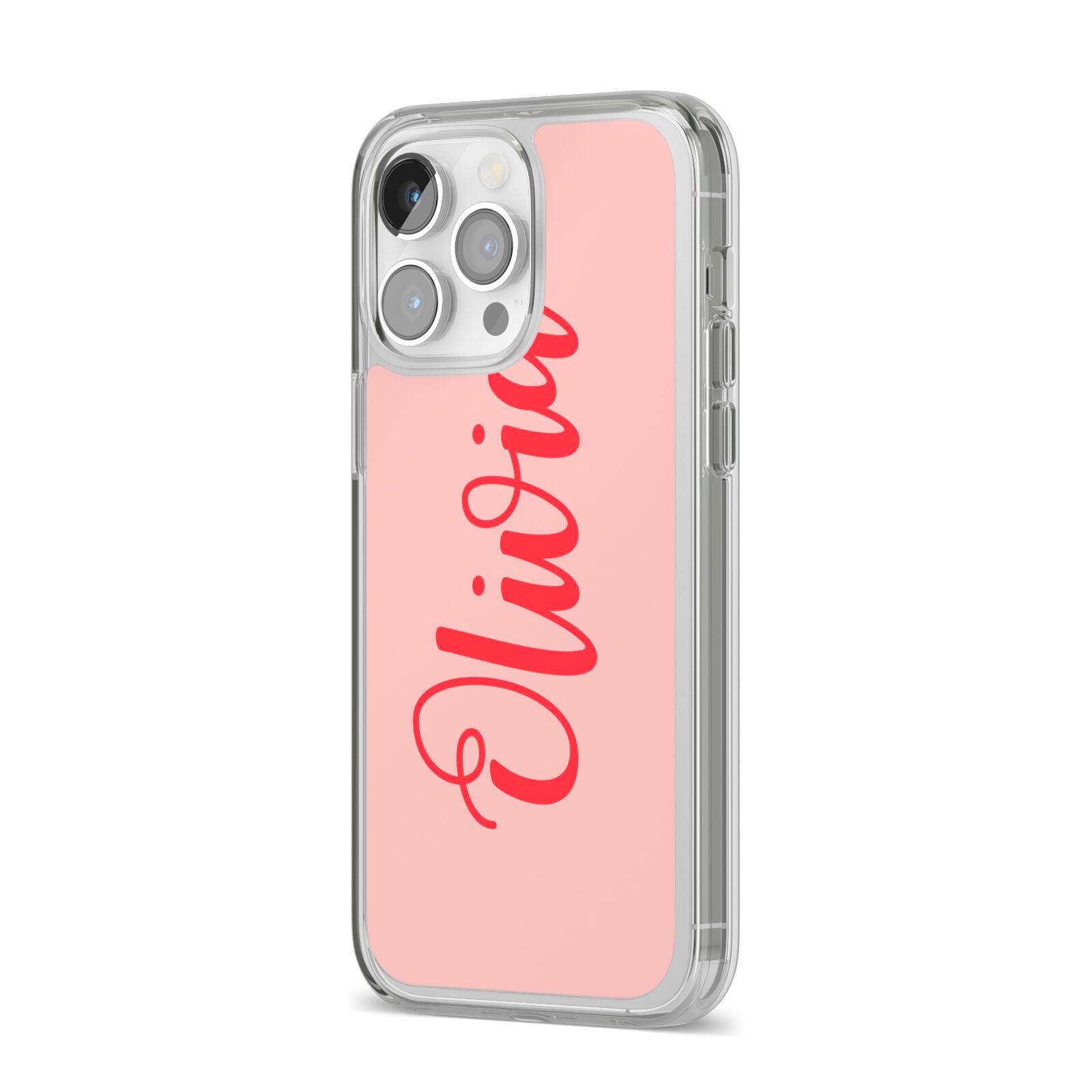 Personalised Script Name iPhone 14 Pro Max Clear Tough Case Silver Angled Image