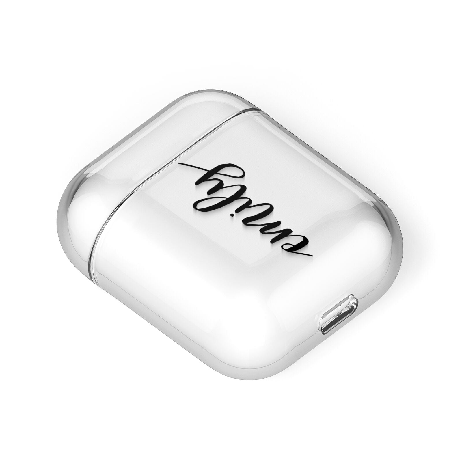 Personalised Scroll Side Handwritten Name Clear AirPods Case Laid Flat