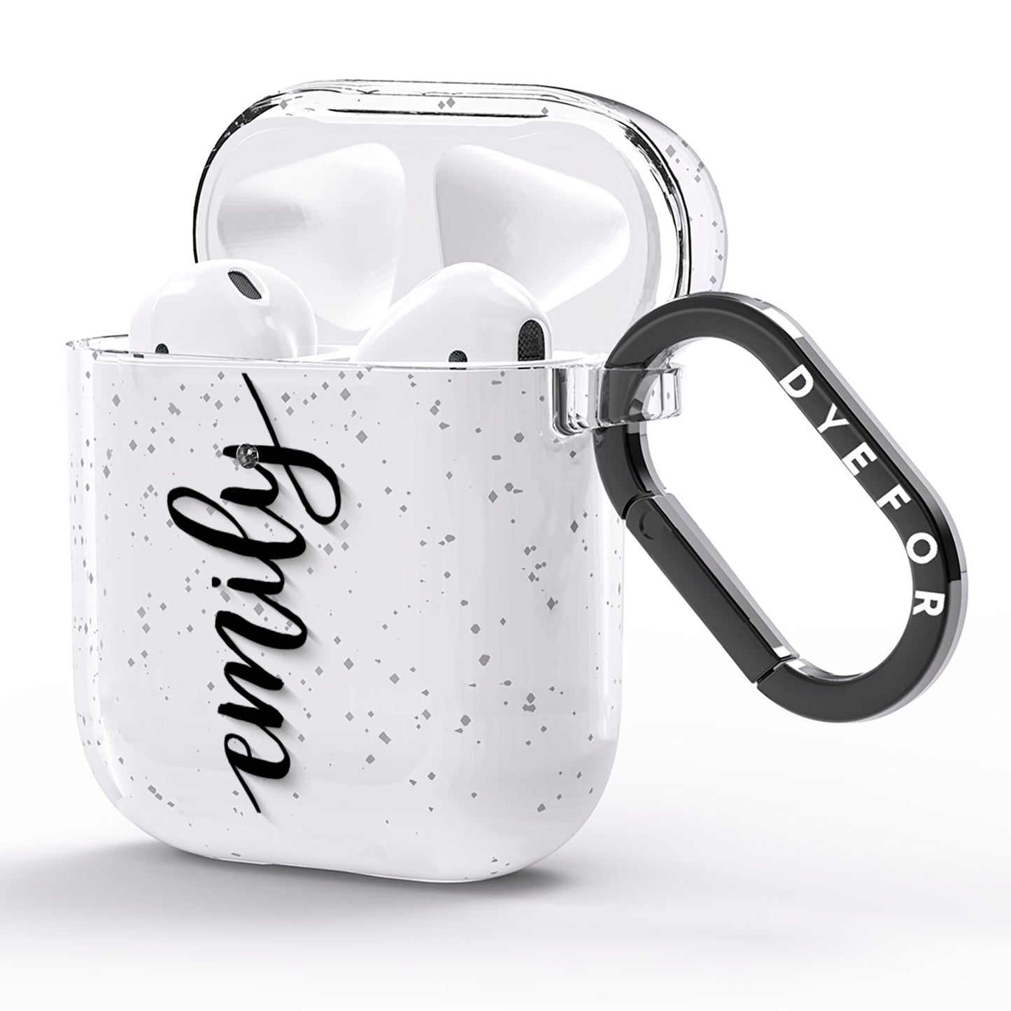 Personalised Scroll Side Handwritten Name Clear AirPods Glitter Case Side Image