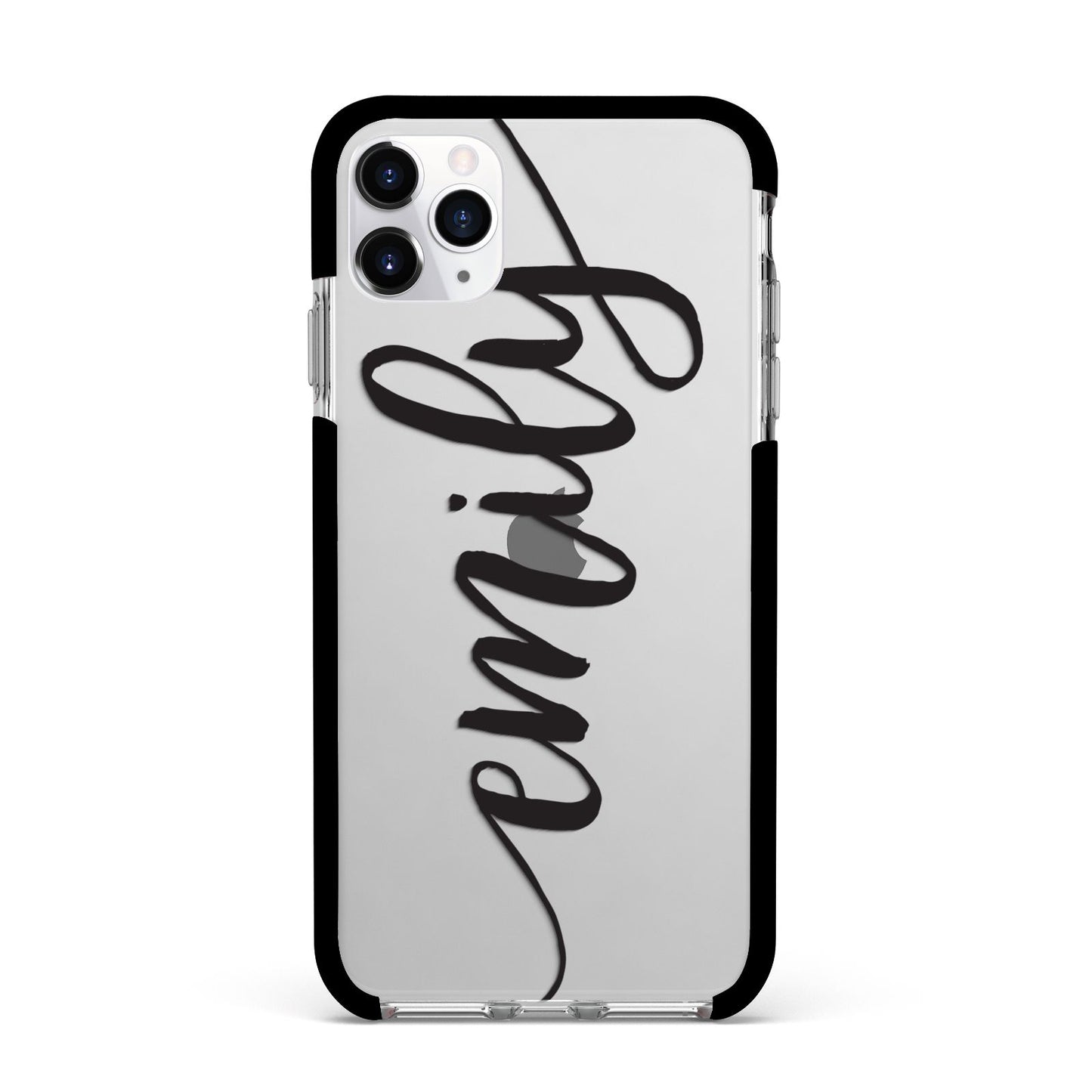 Personalised Scroll Side Handwritten Name Clear Apple iPhone 11 Pro Max in Silver with Black Impact Case