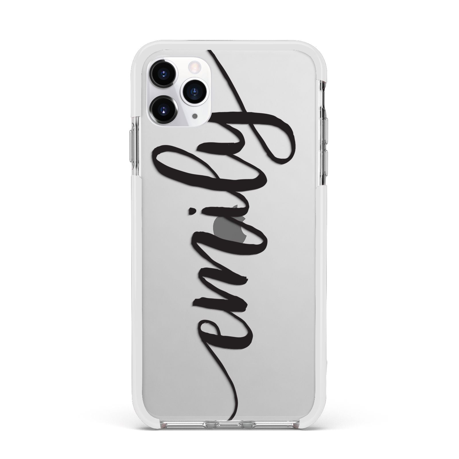 Personalised Scroll Side Handwritten Name Clear Apple iPhone 11 Pro Max in Silver with White Impact Case