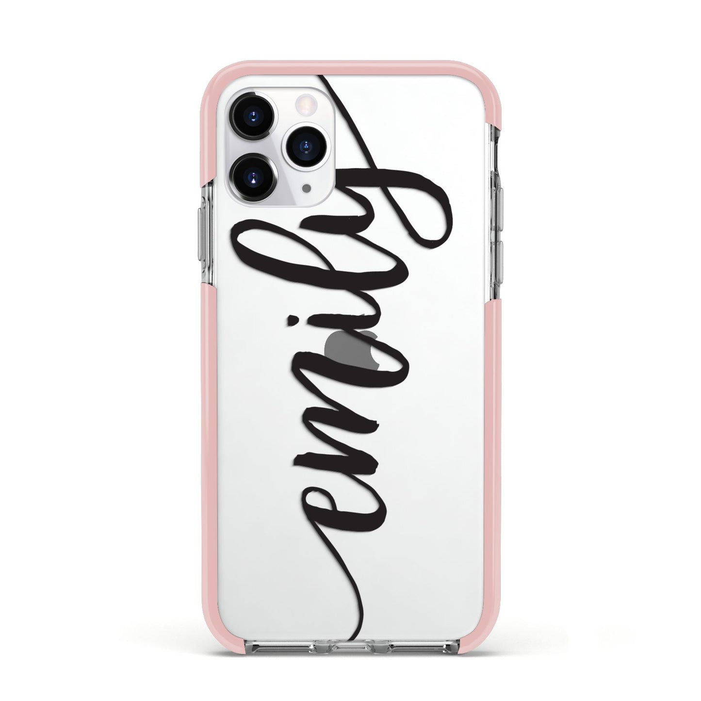 Personalised Scroll Side Handwritten Name Clear Apple iPhone 11 Pro in Silver with Pink Impact Case