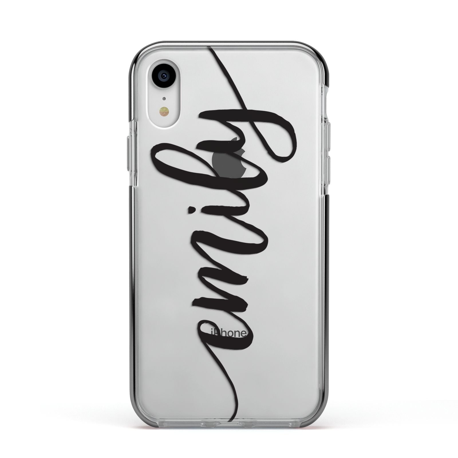 Personalised Scroll Side Handwritten Name Clear Apple iPhone XR Impact Case Black Edge on Silver Phone