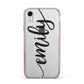 Personalised Scroll Side Handwritten Name Clear Apple iPhone XR Impact Case Pink Edge on Silver Phone
