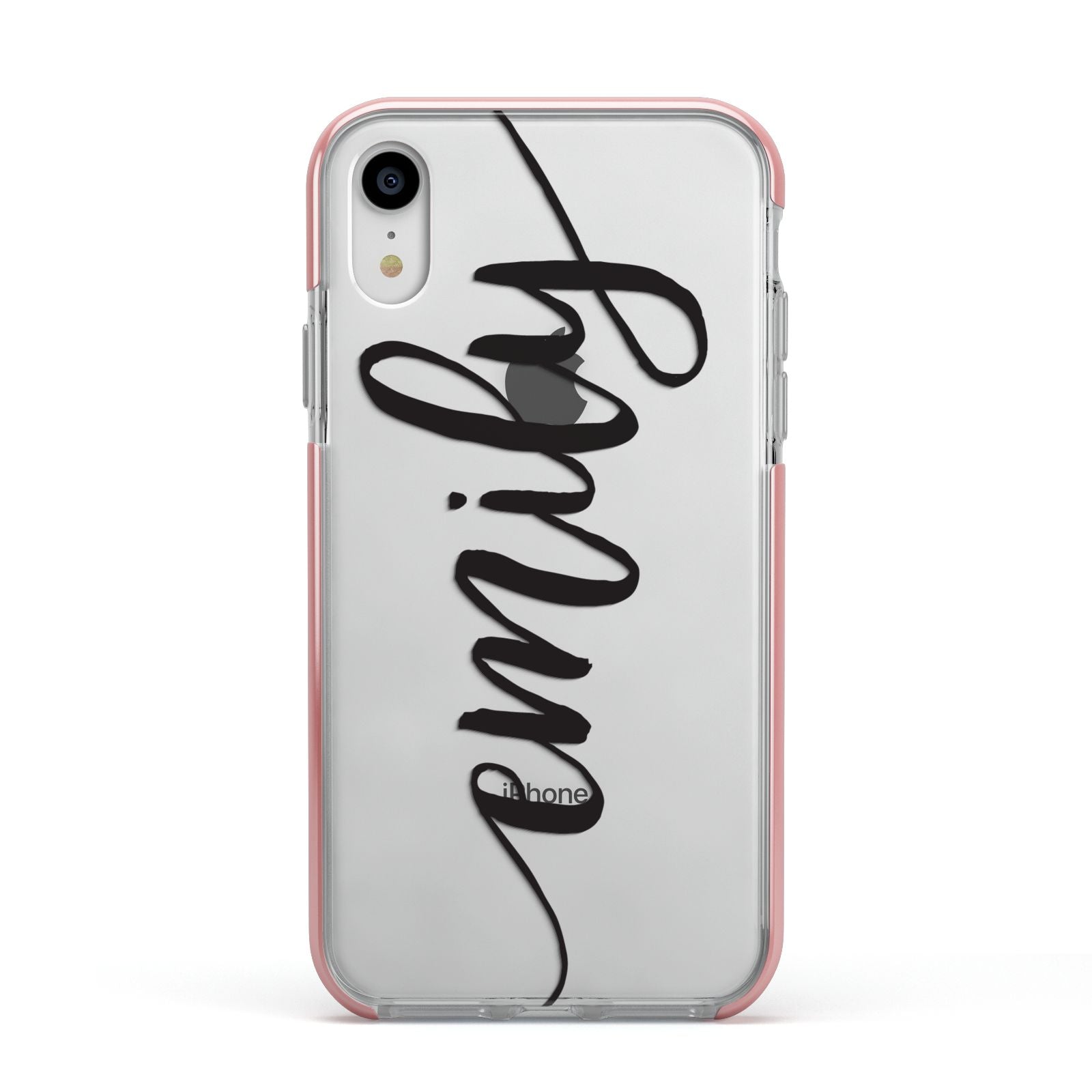Personalised Scroll Side Handwritten Name Clear Apple iPhone XR Impact Case Pink Edge on Silver Phone