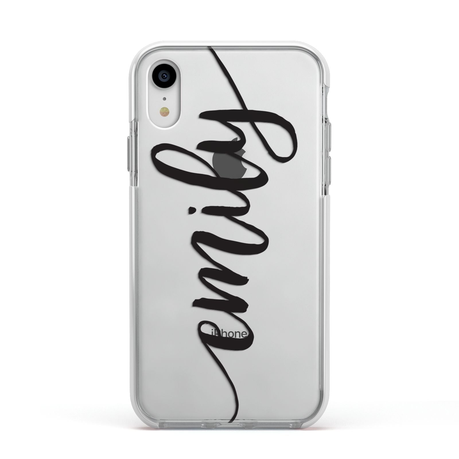 Personalised Scroll Side Handwritten Name Clear Apple iPhone XR Impact Case White Edge on Silver Phone