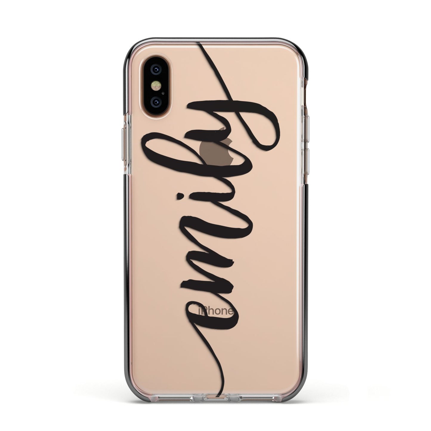 Personalised Scroll Side Handwritten Name Clear Apple iPhone Xs Impact Case Black Edge on Gold Phone