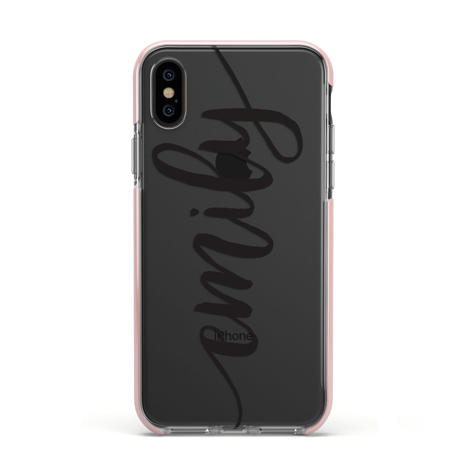 Personalised Scroll Side Handwritten Name Clear Apple iPhone Xs Impact Case Pink Edge on Black Phone