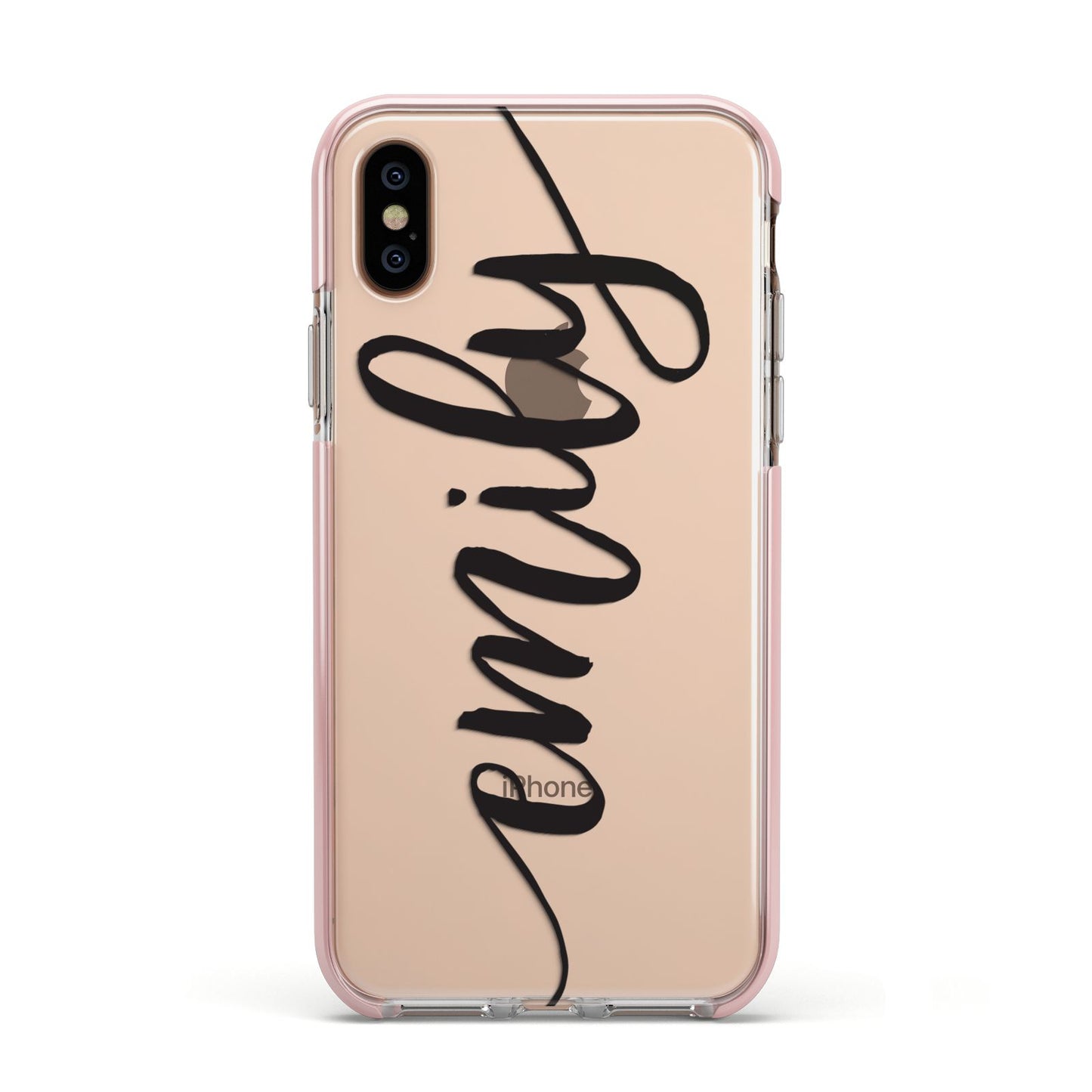 Personalised Scroll Side Handwritten Name Clear Apple iPhone Xs Impact Case Pink Edge on Gold Phone