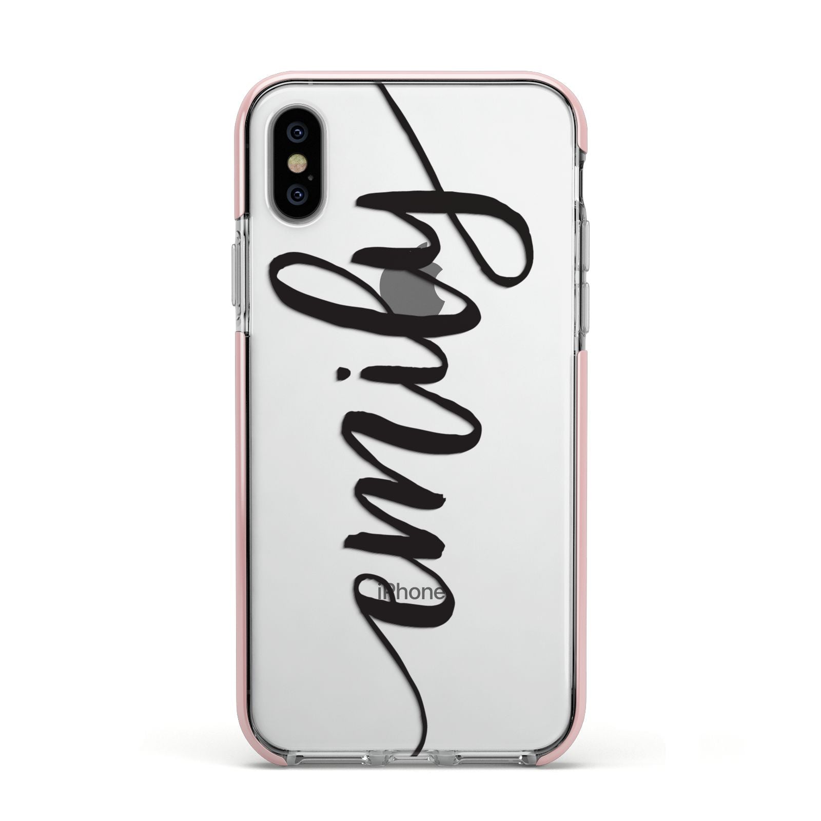 Personalised Scroll Side Handwritten Name Clear Apple iPhone Xs Impact Case Pink Edge on Silver Phone