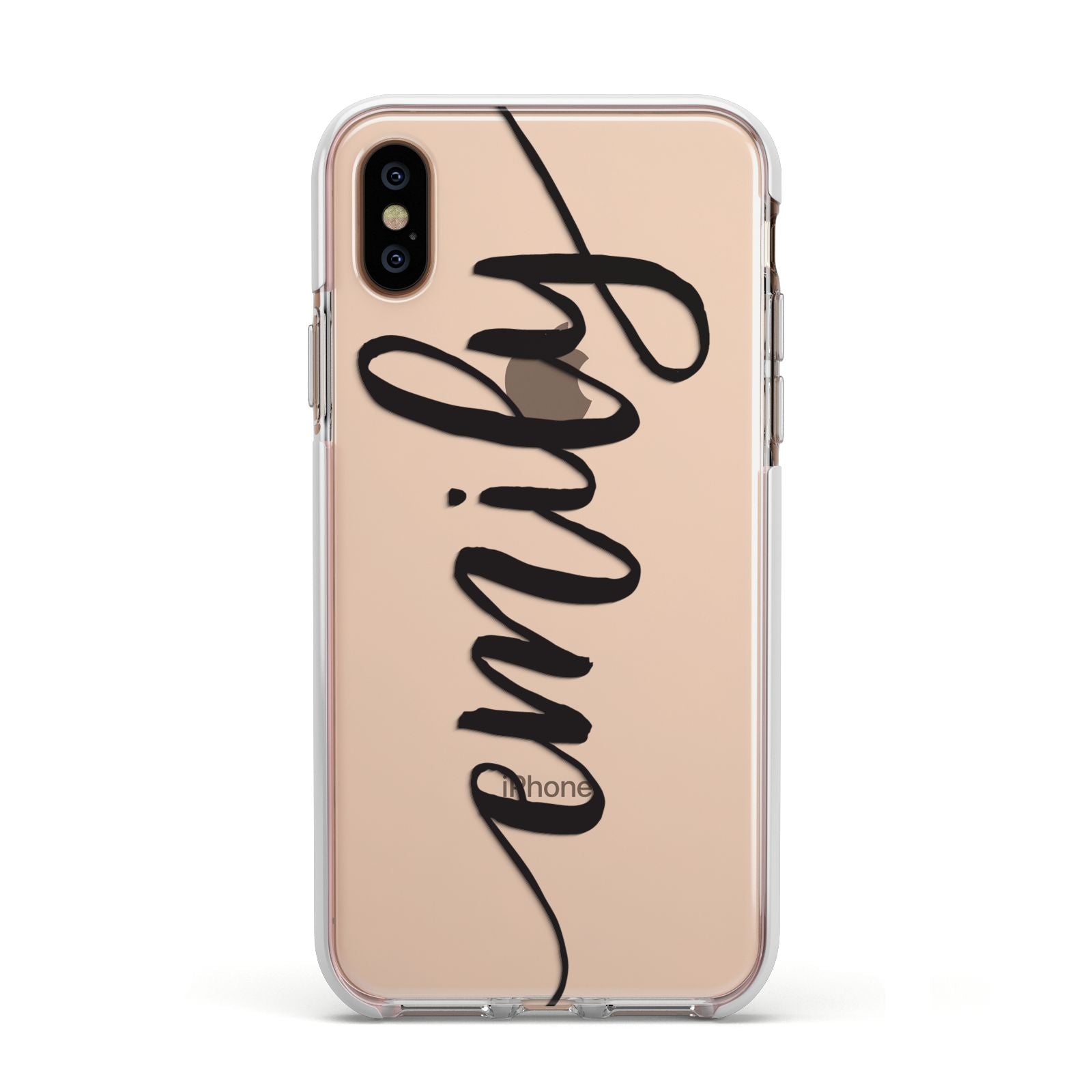 Personalised Scroll Side Handwritten Name Clear Apple iPhone Xs Impact Case White Edge on Gold Phone