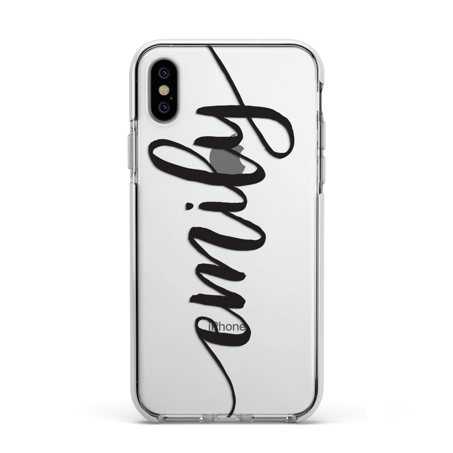 Personalised Scroll Side Handwritten Name Clear Apple iPhone Xs Impact Case White Edge on Silver Phone
