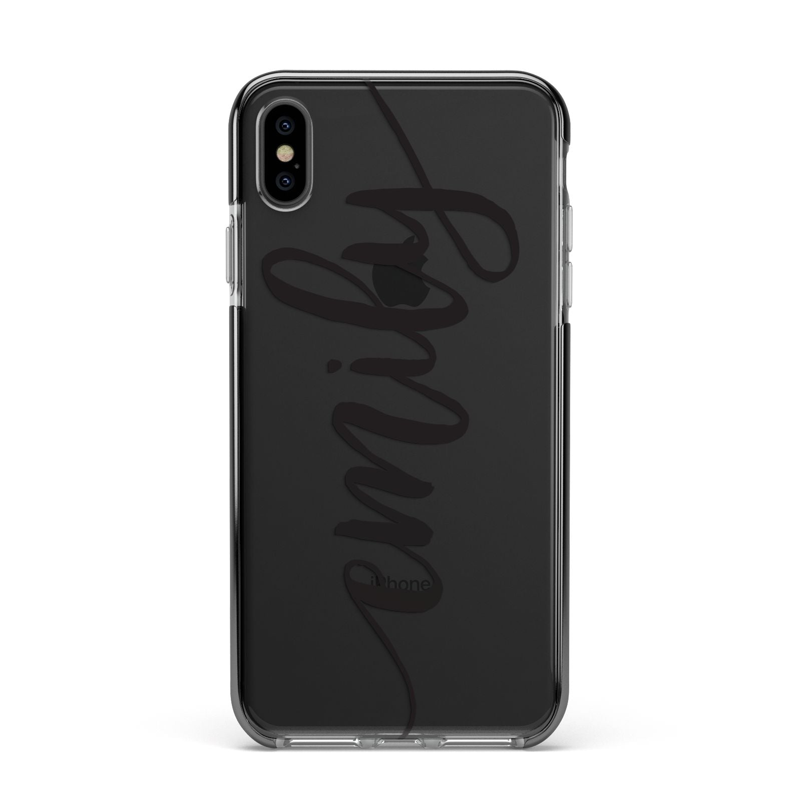 Personalised Scroll Side Handwritten Name Clear Apple iPhone Xs Max Impact Case Black Edge on Black Phone