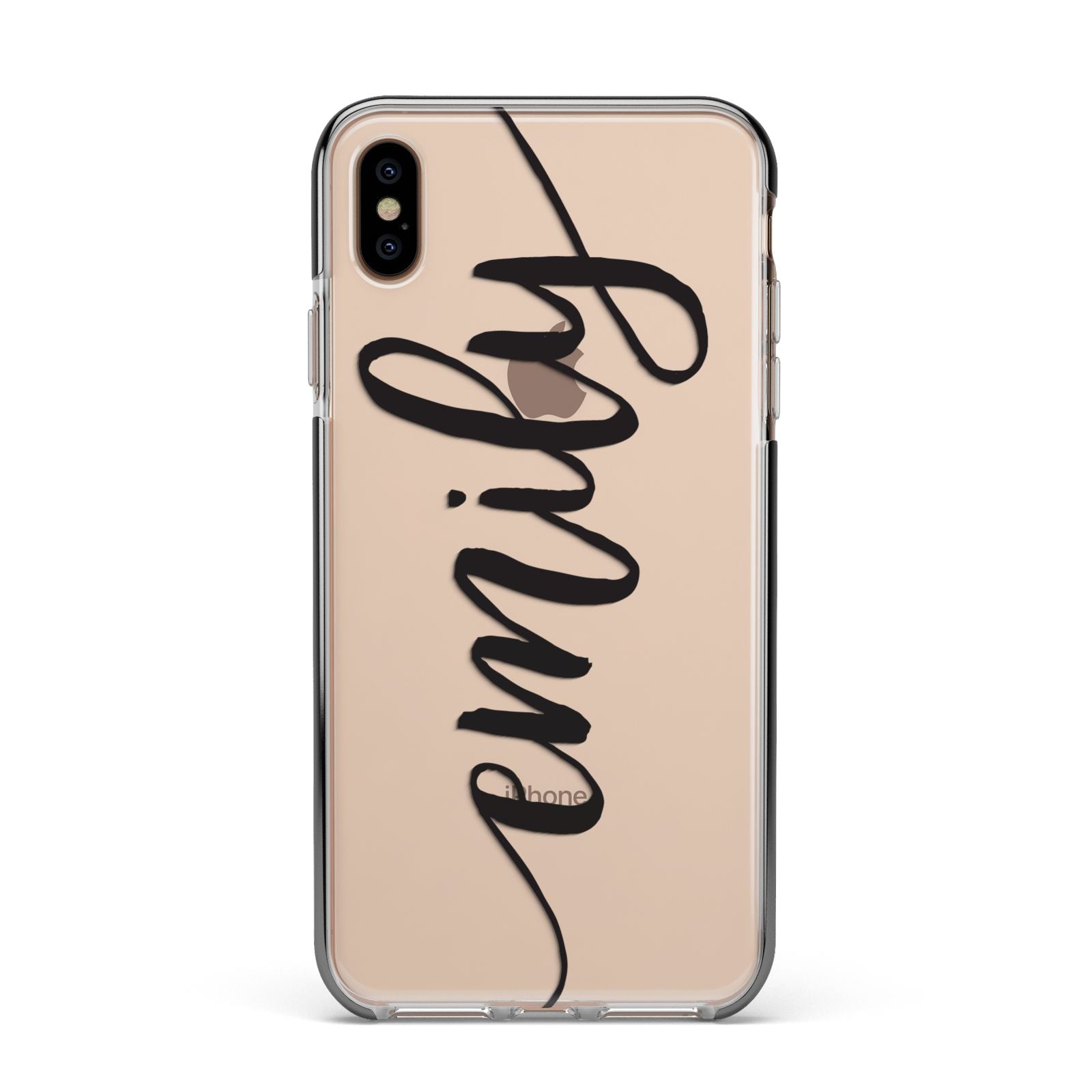 Personalised Scroll Side Handwritten Name Clear Apple iPhone Xs Max Impact Case Black Edge on Gold Phone