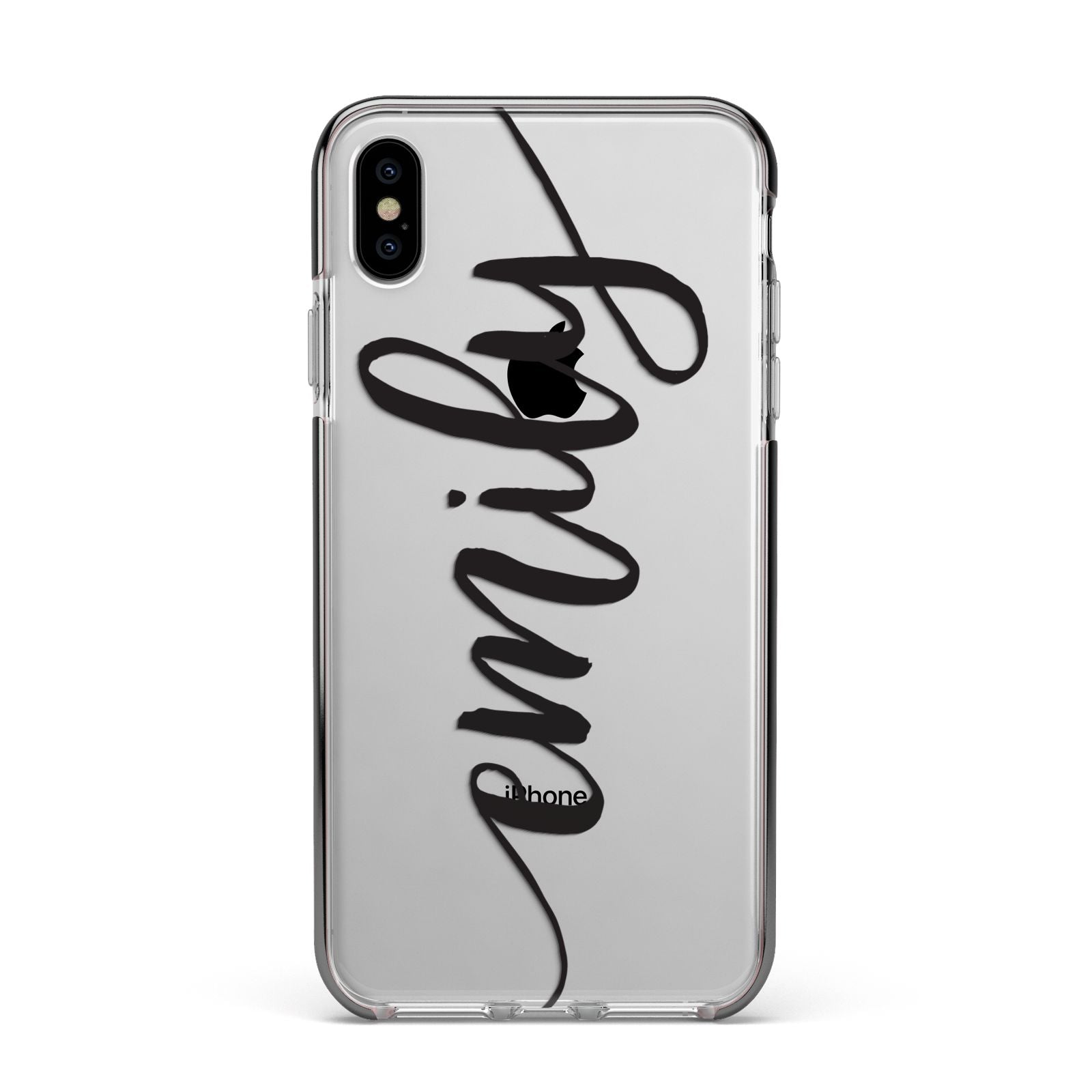 Personalised Scroll Side Handwritten Name Clear Apple iPhone Xs Max Impact Case Black Edge on Silver Phone