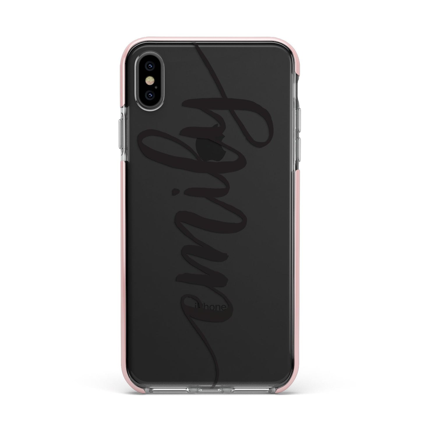 Personalised Scroll Side Handwritten Name Clear Apple iPhone Xs Max Impact Case Pink Edge on Black Phone