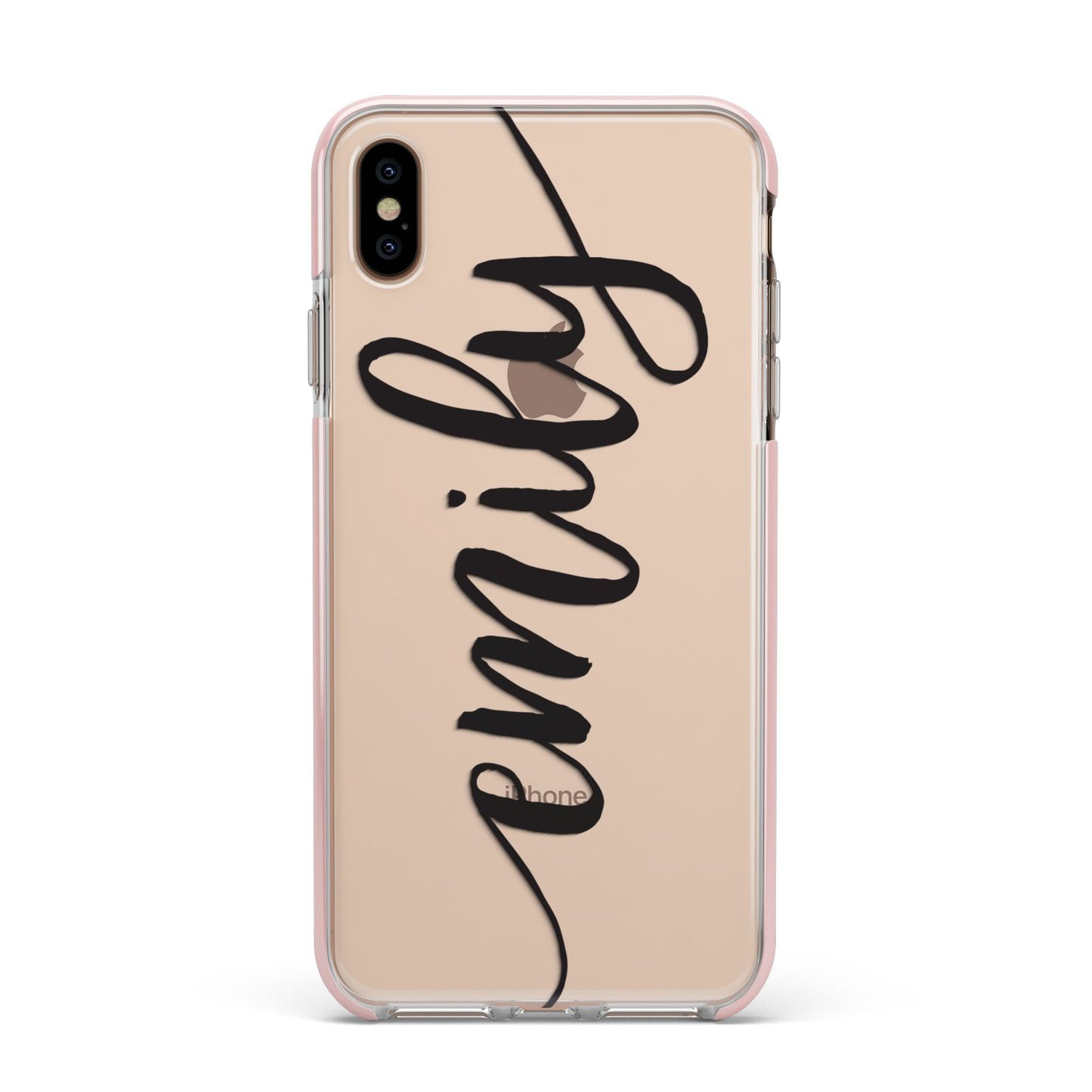 Personalised Scroll Side Handwritten Name Clear Apple iPhone Xs Max Impact Case Pink Edge on Gold Phone