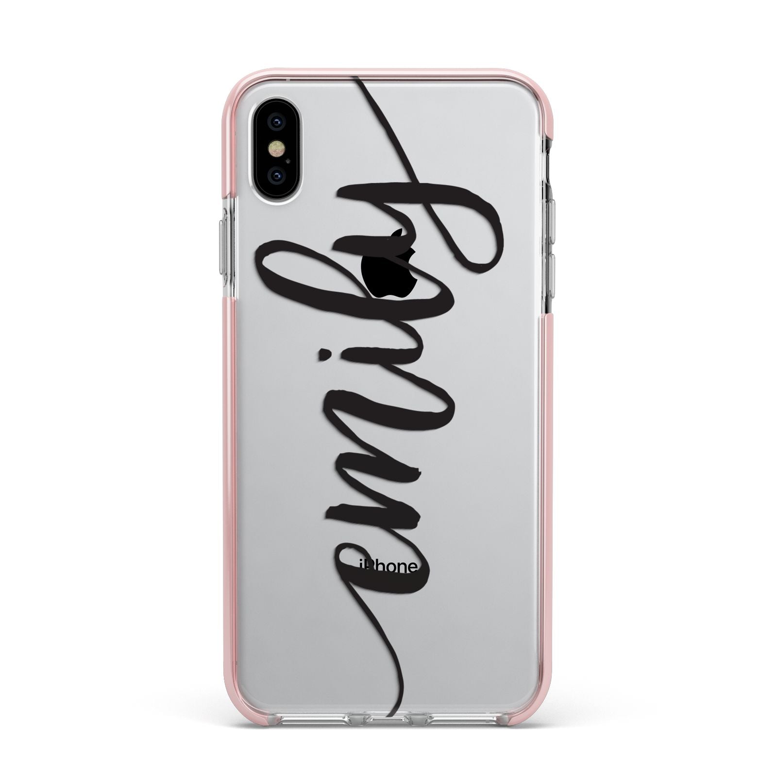 Personalised Scroll Side Handwritten Name Clear Apple iPhone Xs Max Impact Case Pink Edge on Silver Phone
