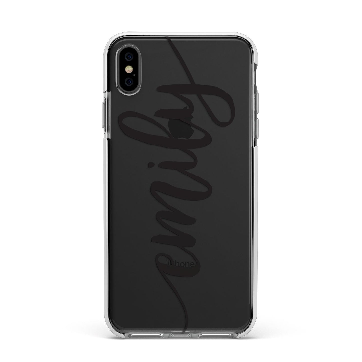 Personalised Scroll Side Handwritten Name Clear Apple iPhone Xs Max Impact Case White Edge on Black Phone