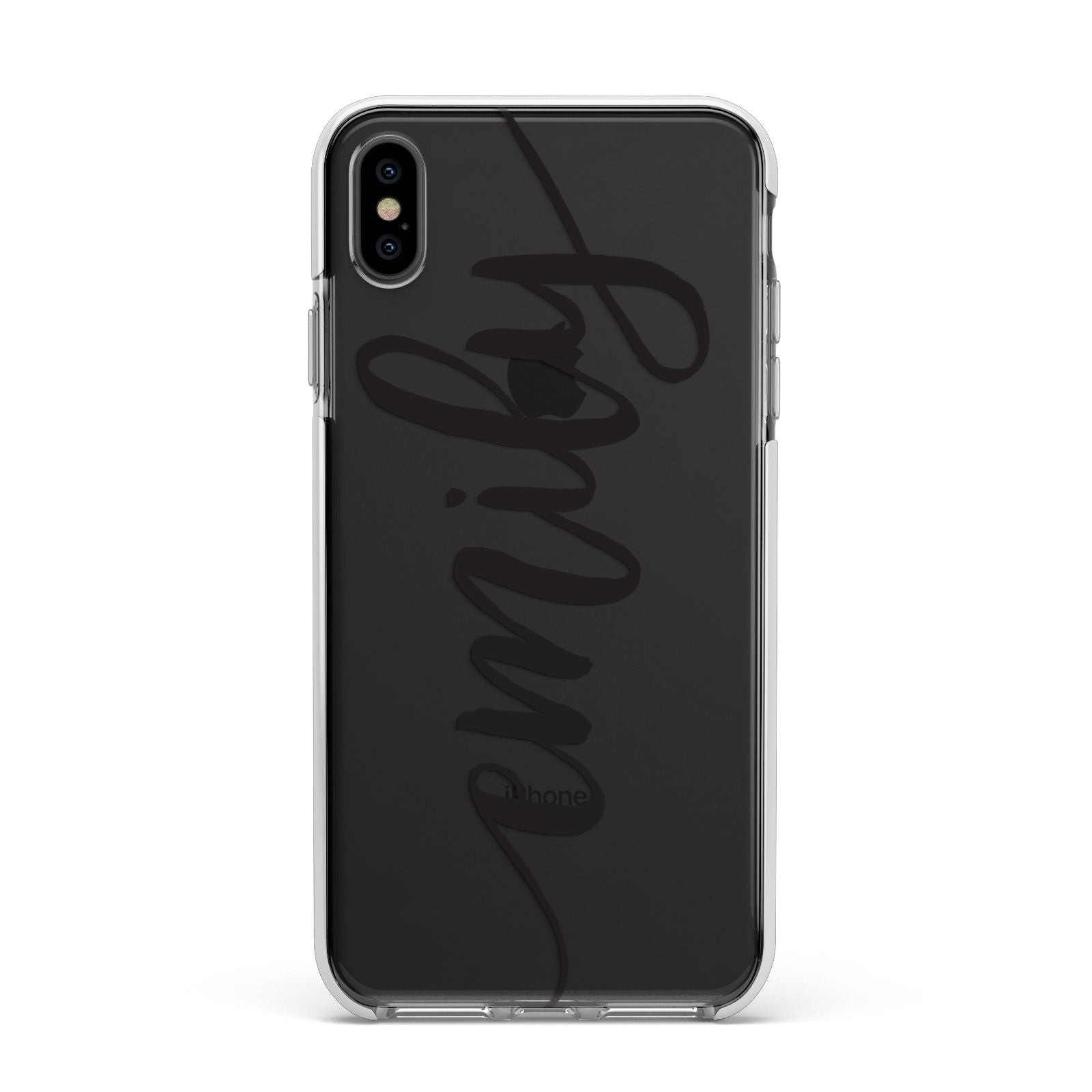 Personalised Scroll Side Handwritten Name Clear Apple iPhone Xs Max Impact Case White Edge on Black Phone