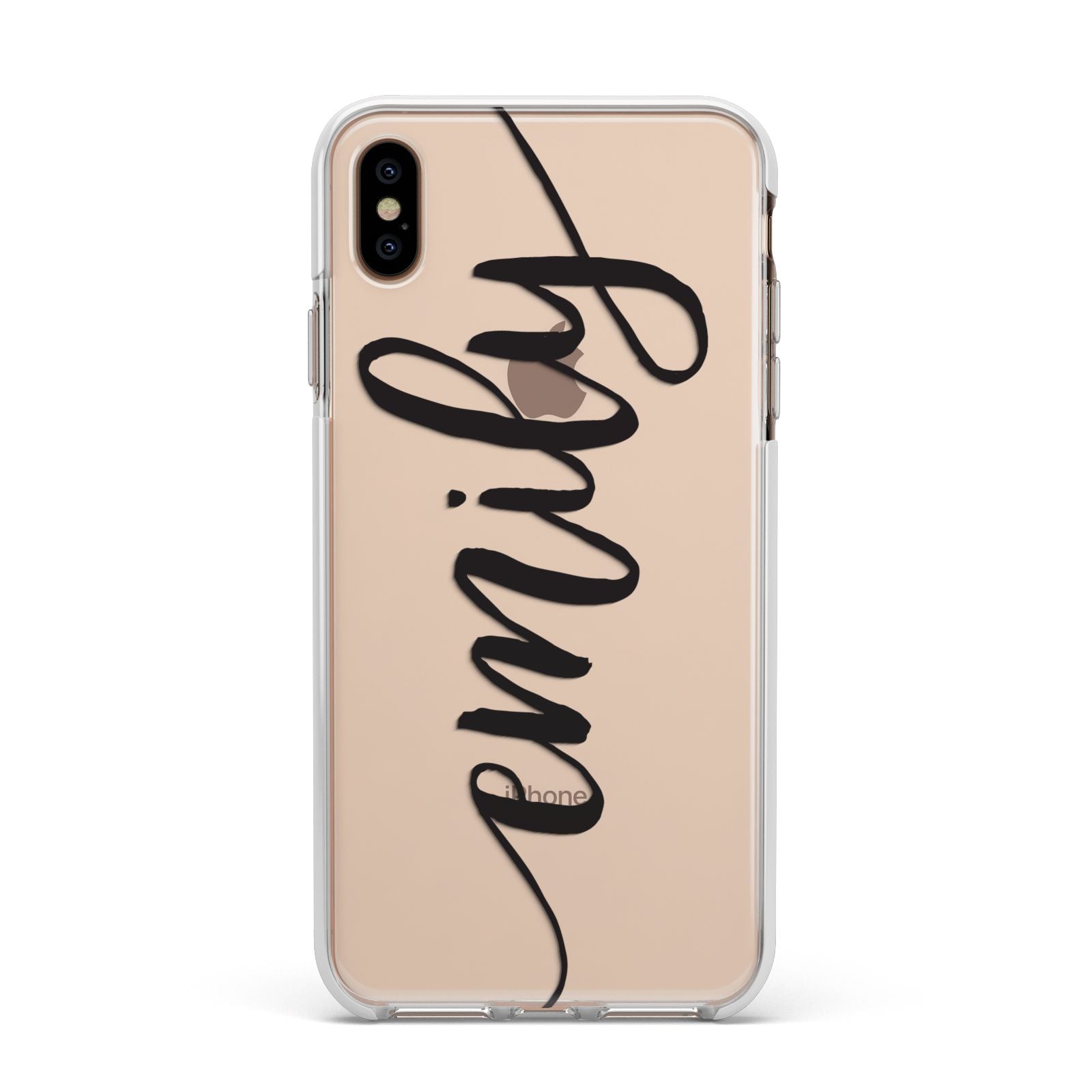 Personalised Scroll Side Handwritten Name Clear Apple iPhone Xs Max Impact Case White Edge on Gold Phone