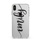 Personalised Scroll Side Handwritten Name Clear Apple iPhone Xs Max Impact Case White Edge on Silver Phone