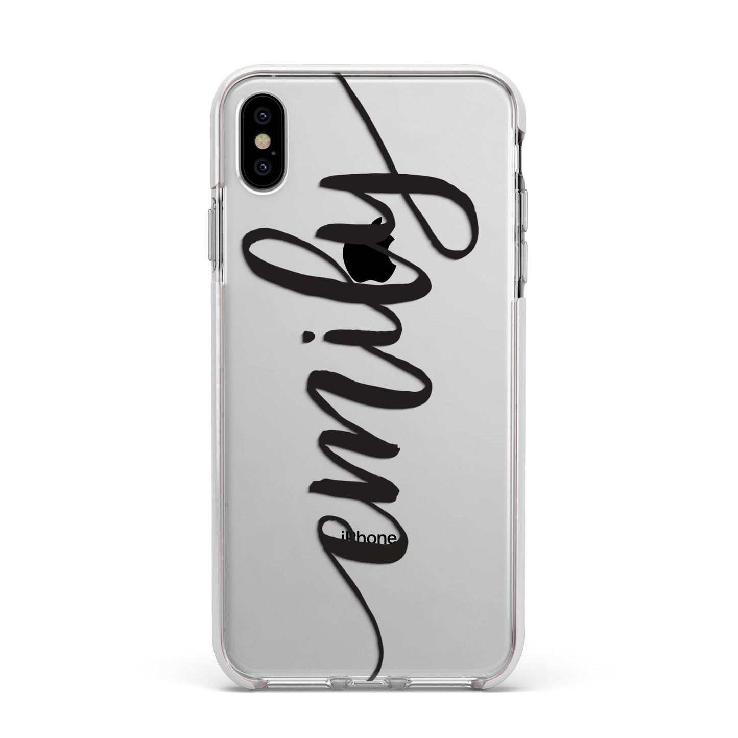 Personalised Scroll Side Handwritten Name Clear Apple iPhone Xs Max Impact Case White Edge on Silver Phone