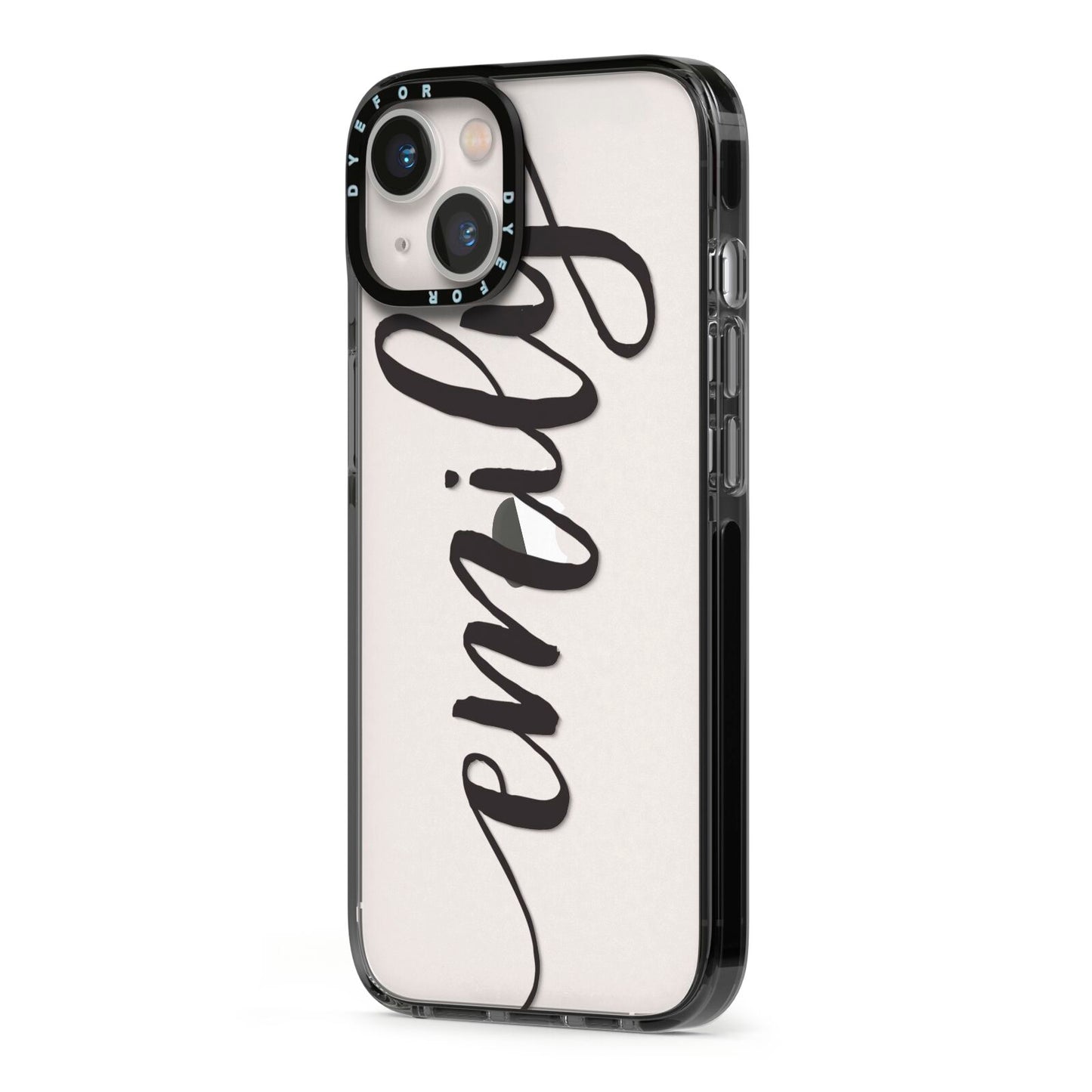 Personalised Scroll Side Handwritten Name Clear iPhone 13 Black Impact Case Side Angle on Silver phone
