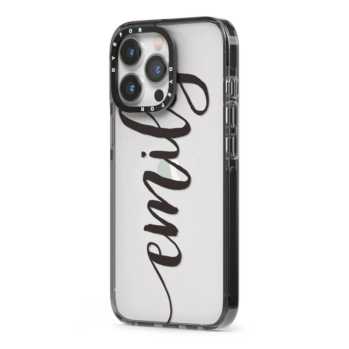 Personalised Scroll Side Handwritten Name Clear iPhone 13 Pro Black Impact Case Side Angle on Silver phone