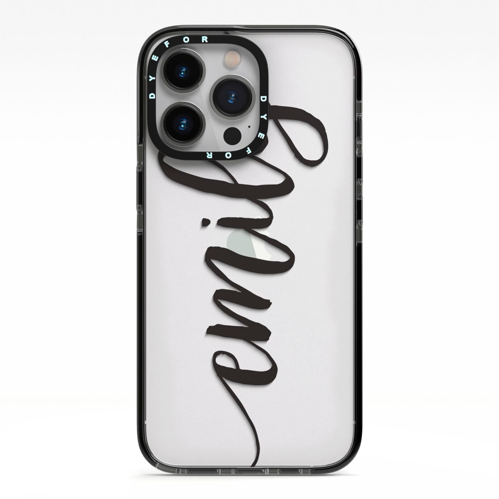 Personalised Scroll Side Handwritten Name Clear iPhone 13 Pro Black Impact Case on Silver phone