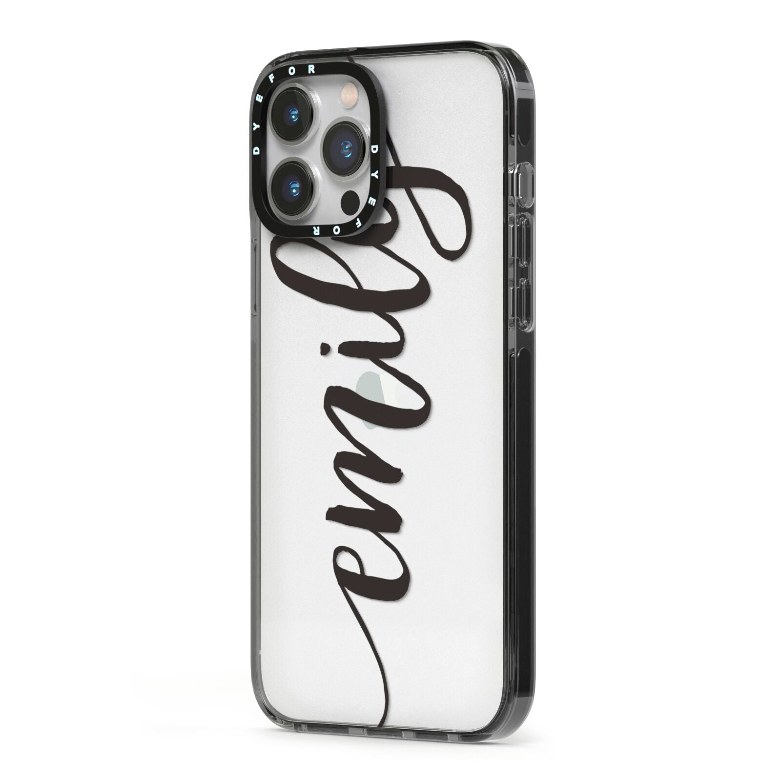 Personalised Scroll Side Handwritten Name Clear iPhone 13 Pro Max Black Impact Case Side Angle on Silver phone