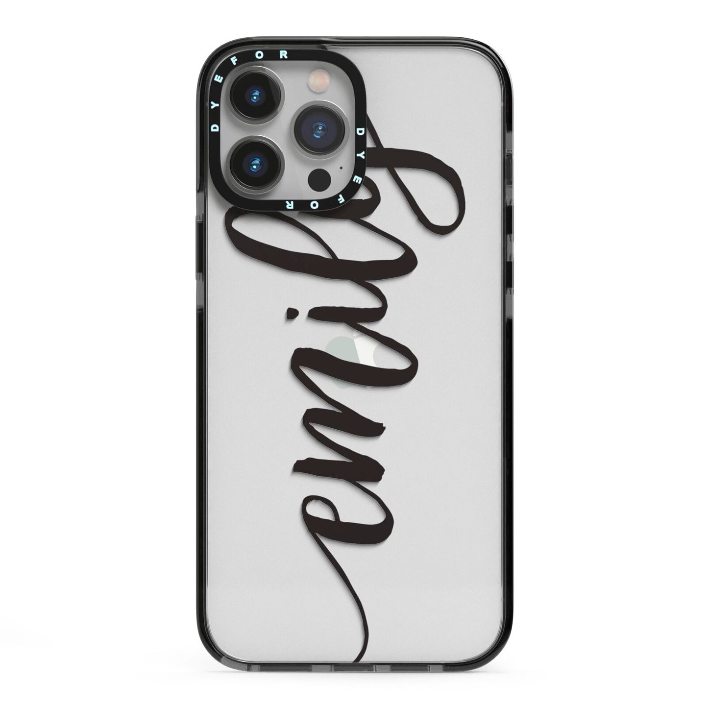 Personalised Scroll Side Handwritten Name Clear iPhone 13 Pro Max Black Impact Case on Silver phone