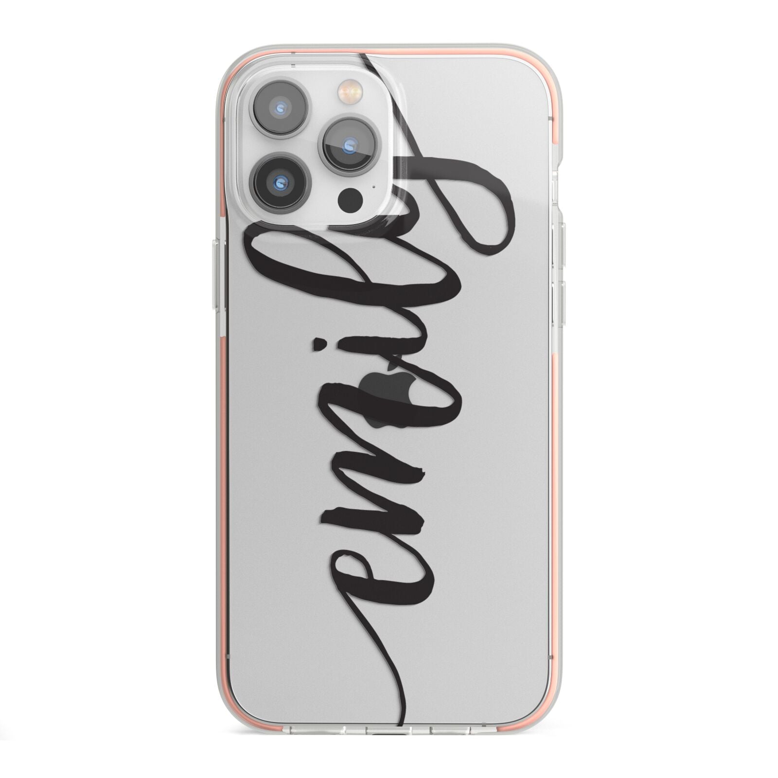 Personalised Scroll Side Handwritten Name Clear iPhone 13 Pro Max TPU Impact Case with Pink Edges